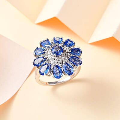 Kashmir Kyanite and White Zircon 6.15 ctw Star Ring in Rhodium Over Sterling Silver (Size 10.0)