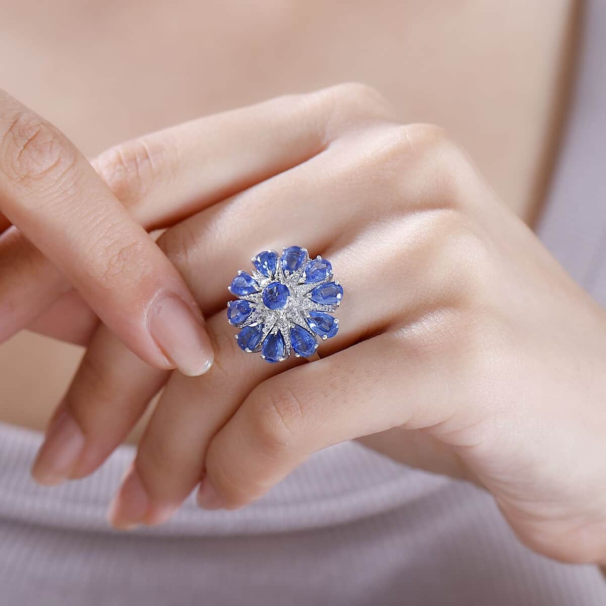 Kashmir Kyanite and White Zircon 6.15 ctw Star Ring in Rhodium Over Sterling Silver (Size 10.0) image number 2