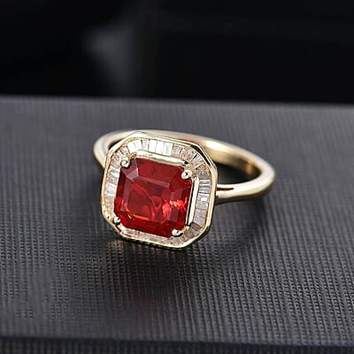 Luxoro Premium Crimson Fire Opal and Diamond 1.90 ctw Halo Ring in 10K Yellow Gold (Size 10.0)