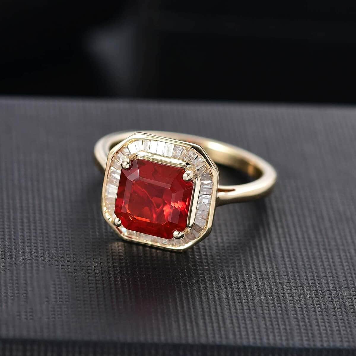 Luxoro Premium Crimson Fire Opal and Diamond 1.90 ctw Halo Ring in 10K Yellow Gold (Size 6.0) image number 1