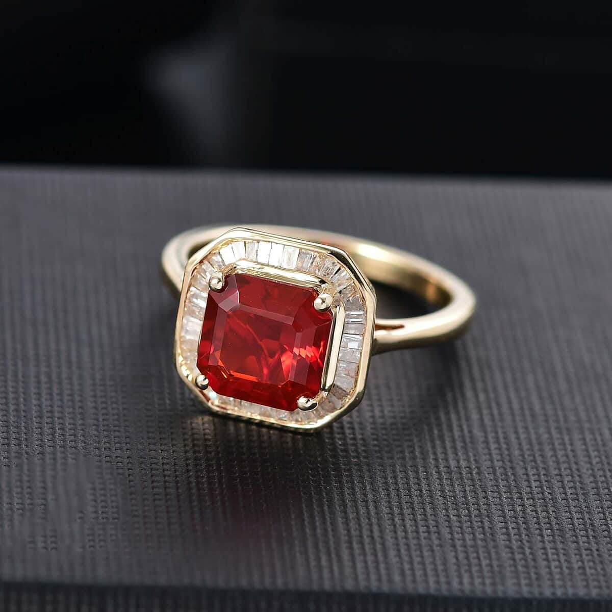 Doorbuster Luxoro Premium Crimson Fire Opal and Diamond 1.90 ctw Halo Ring in 10K Yellow Gold (Size 7.0) image number 1