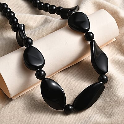 Black Obsidian and Black Agate 280.00 ctw Beaded Necklace in Platinum Bond 20 Inches