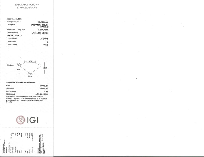 IGI Certified Luxuriant Lab Grown Diamond (Emerald) (G VS2) 1.00 ctw