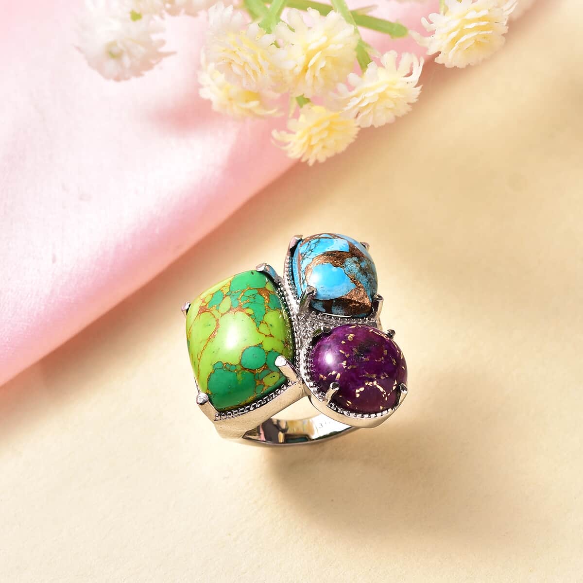 Mojave Green, Blue and Purple Turquoise 23.35 ctw Ring in Stainless Steel (Size 10.0)  image number 1