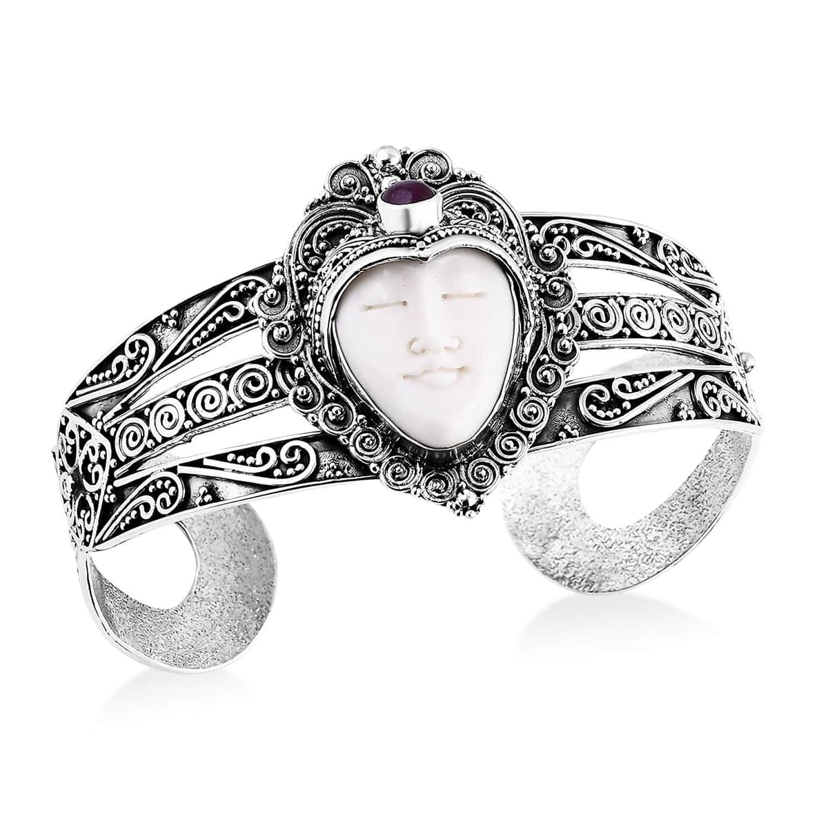 Bali Goddess Carved Bone and African Ruby (FF) 1.85 ctw Cuff Bracelet in Sterling Silver (7.50 In) image number 0