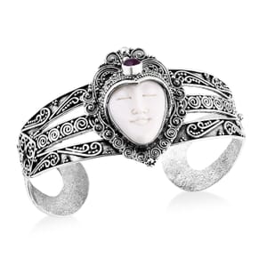 Bali Goddess Carved Bone and African Ruby (FF) 1.85 ctw Cuff Bracelet in Sterling Silver (7.50 In)