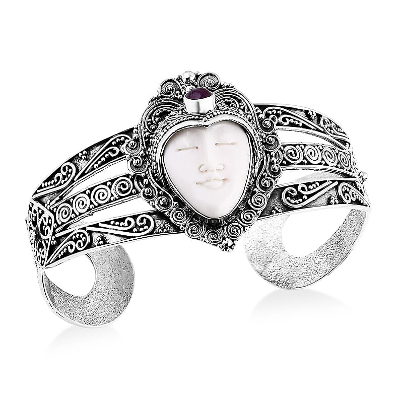 Bali Goddess Carved Bone and African Ruby (FF) 1.85 ctw Cuff Bracelet in Sterling Silver (7.50 In)