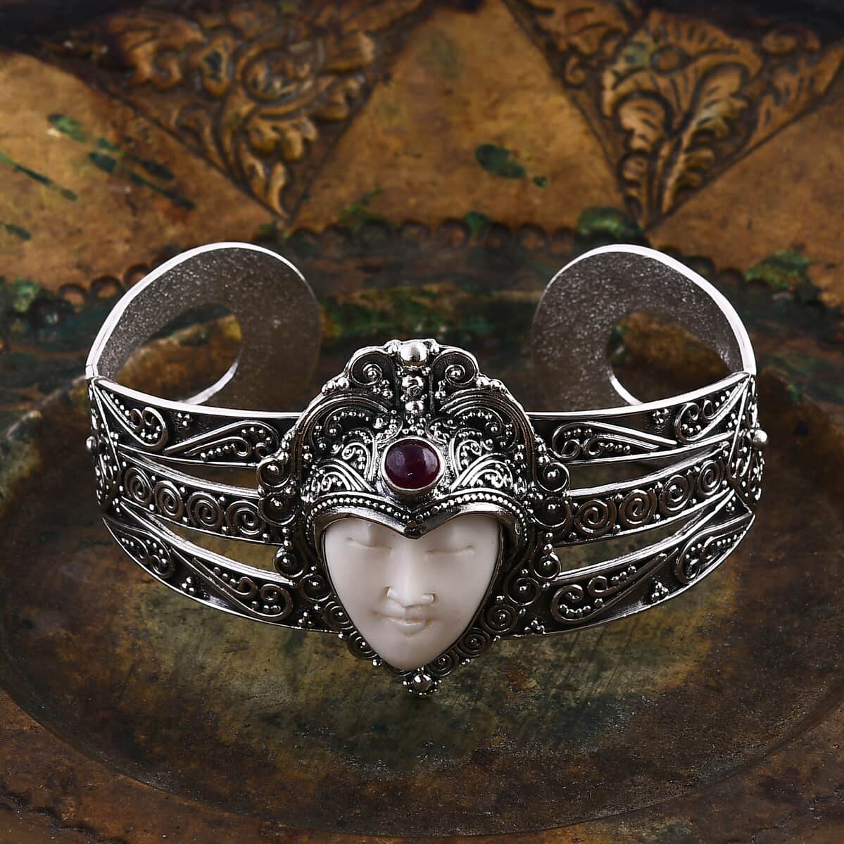 Bali Goddess Carved Bone and African Ruby (FF) 1.85 ctw Cuff Bracelet in Sterling Silver (7.50 In) image number 1