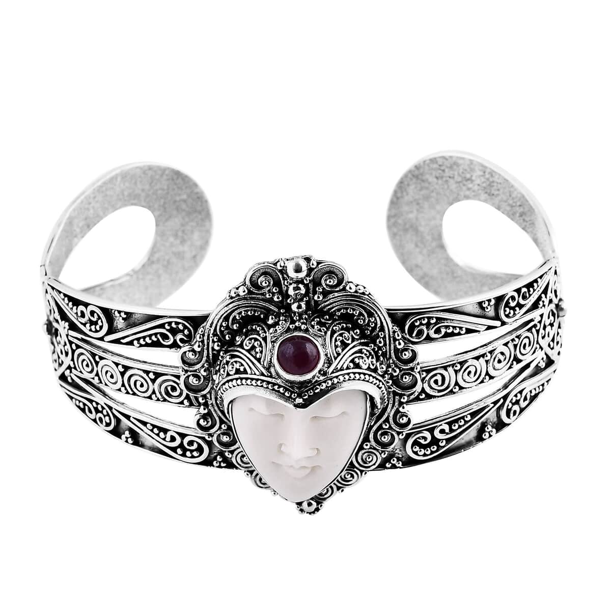 Bali Goddess Carved Bone and African Ruby (FF) 1.85 ctw Cuff Bracelet in Sterling Silver (7.50 In) image number 3