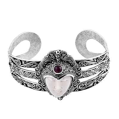Bali Goddess Carved Bone and African Ruby (FF) 1.85 ctw Cuff Bracelet in Sterling Silver (7.50 In)