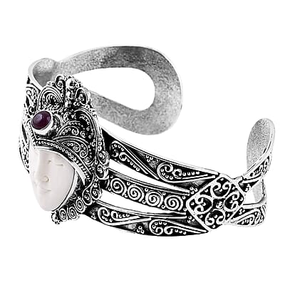 Bali Goddess Carved Bone and African Ruby (FF) 1.85 ctw Cuff Bracelet in Sterling Silver (7.50 In)