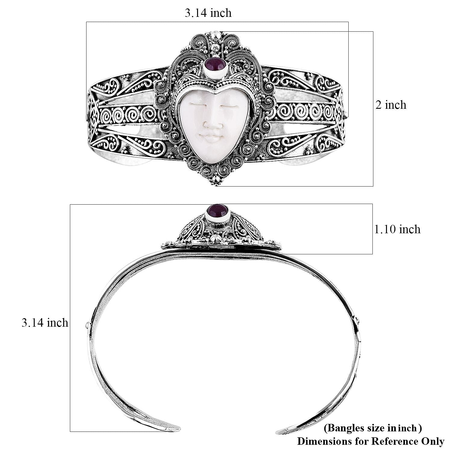 Bali Goddess Carved Bone and African Ruby (FF) 1.85 ctw Cuff Bracelet in Sterling Silver (7.50 In)