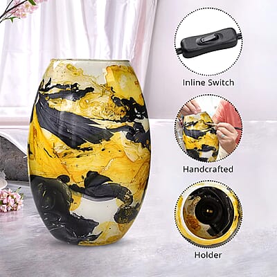 Handcrafted Black & Yellow Marble Printed Glass Lamp with 1.5 mtr Cord and Inline Switch (8.5x5.5)