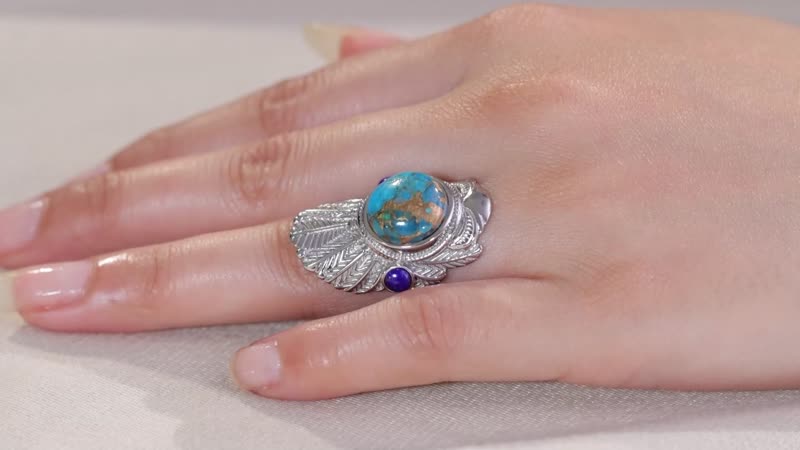 Mojave Blue Turquoise, Lapis Lazuli Feather Ring in Stainless Steel (Size 10.0) 8.90 ctw