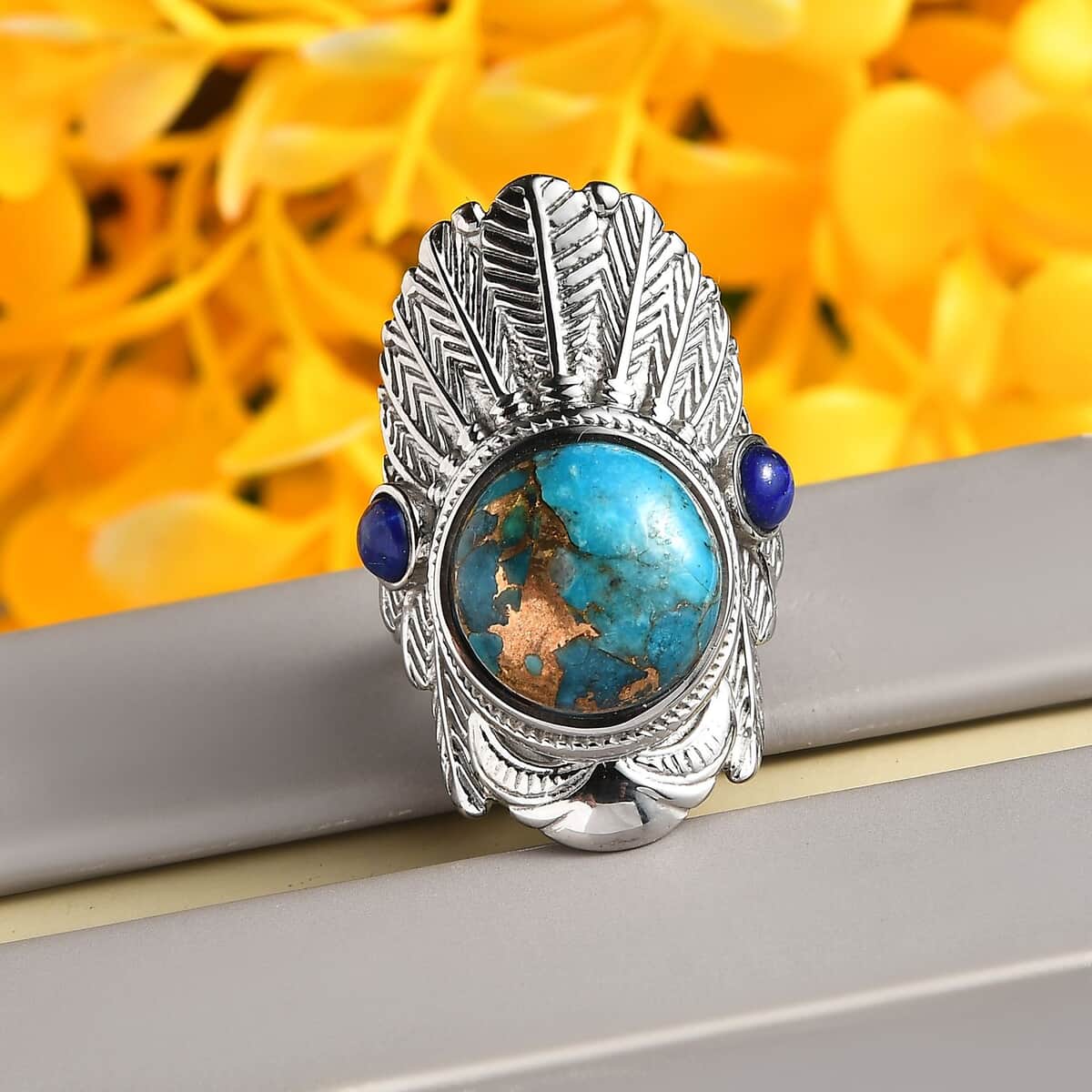 Mojave Blue Turquoise and Lapis Lazuli 8.90 ctw Feather Ring in Stainless Steel (Size 10.0) image number 1