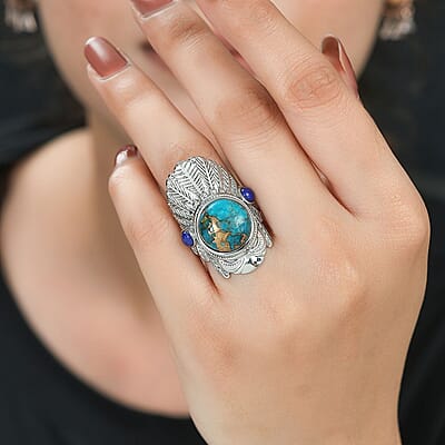 Mojave Blue Turquoise and Lapis Lazuli 8.90 ctw Feather Ring in Stainless Steel (Size 10.0)