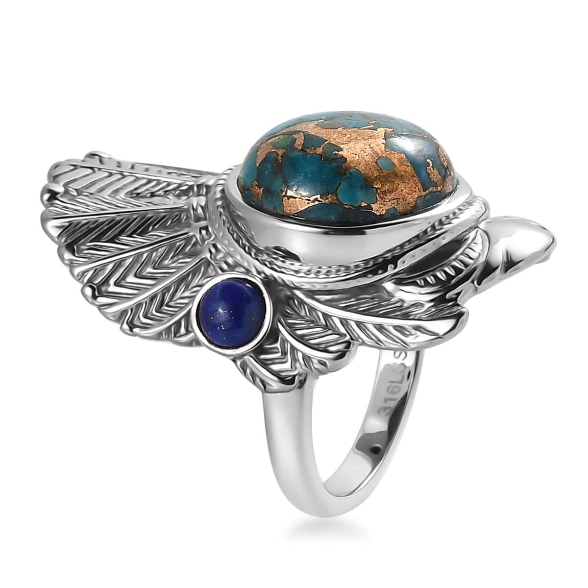 Mojave Blue Turquoise and Lapis Lazuli 8.90 ctw Feather Ring in Stainless Steel (Size 10.0) image number 3