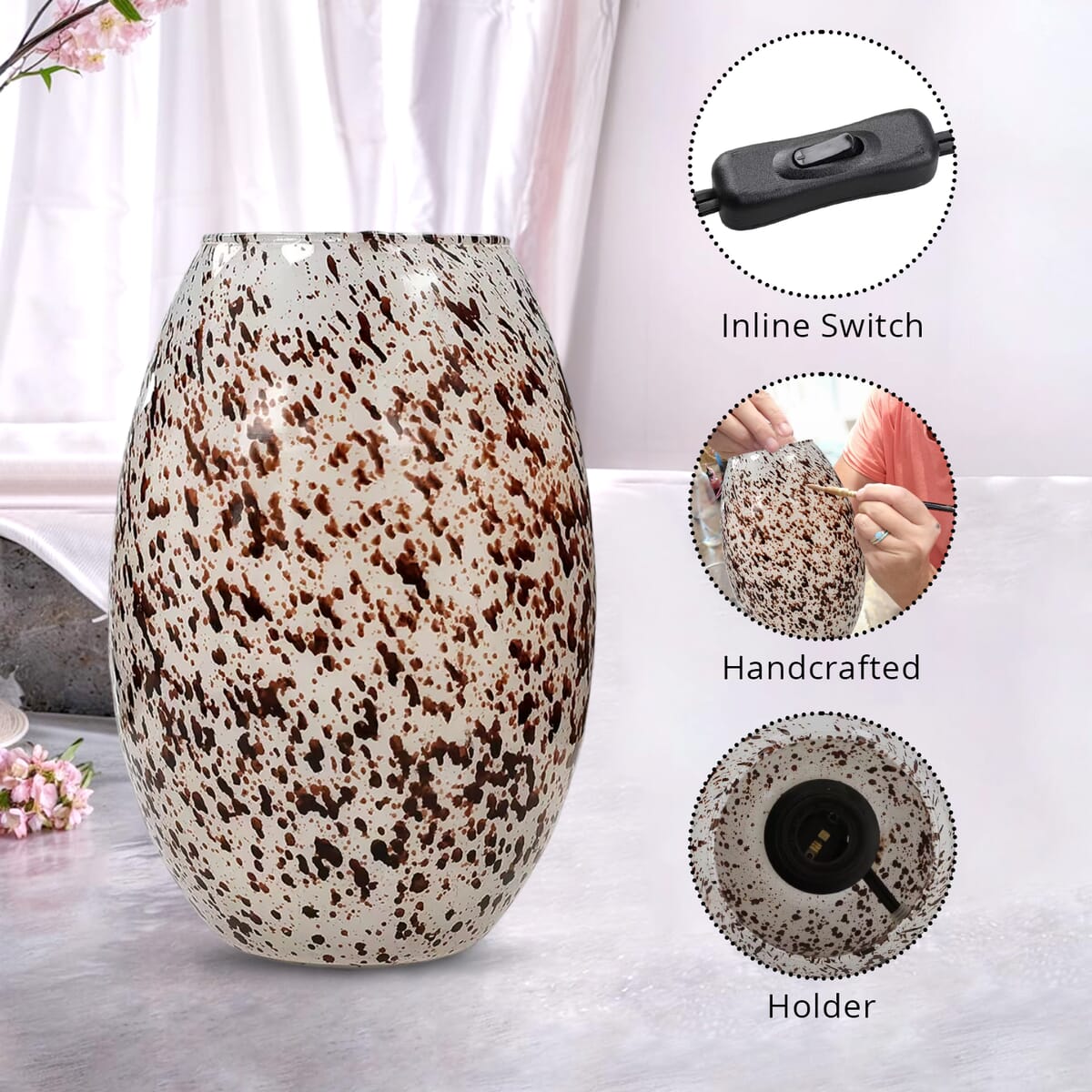Handcrafted White & Brown Marble Printed Glass Lamp with 1.5 mtr Cord and Inline Switch (8.5x5.5) image number 2