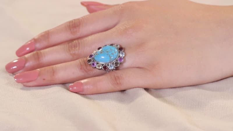 Mojave Blue Turquoise and Multi Gemstones 11.10 ctw Flower Ring in Stainless Steel (Size 10.0)