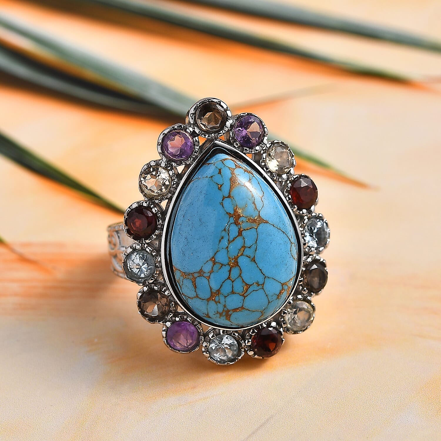Mojave Blue Turquoise and Multi Gemstones 11.10 ctw Flower Ring in Stainless Steel (Size 10.0)