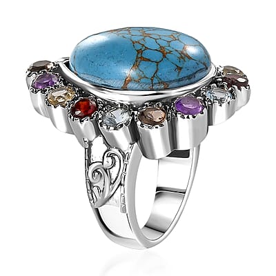 Mojave Blue Turquoise and Multi Gemstones 11.10 ctw Flower Ring in Stainless Steel (Size 10.0)