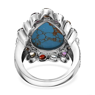Mojave Blue Turquoise and Multi Gemstones 11.10 ctw Flower Ring in Stainless Steel (Size 10.0)