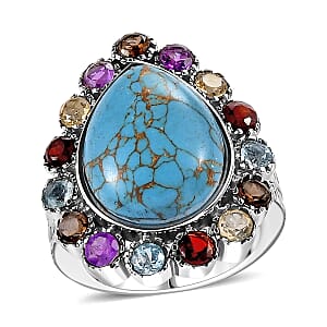 Mojave Blue Turquoise and Multi Gemstones 11.10 ctw Flower Ring in Stainless Steel (Size 6.0)