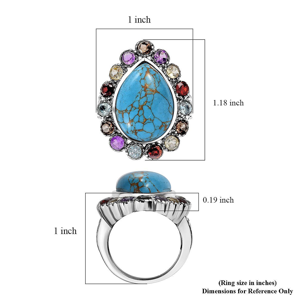 Mojave Blue Turquoise and Multi Gemstones 11.10 ctw Flower Ring in Stainless Steel (Size 6.0) image number 5