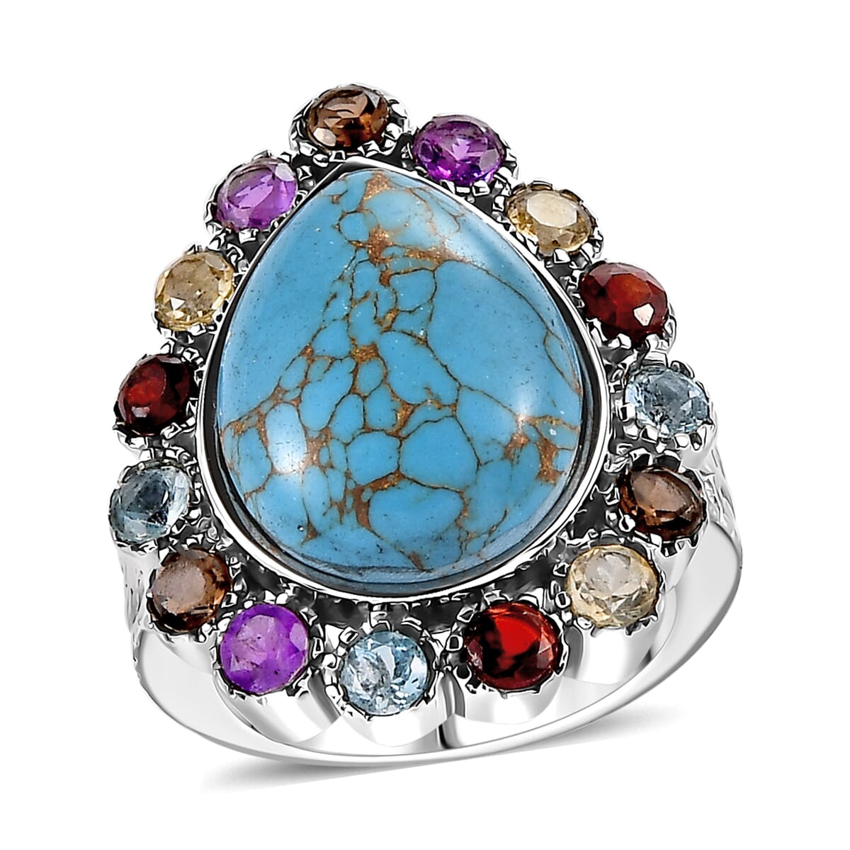 Mojave Blue Turquoise and Multi Gemstones 11.10 ctw Flower Ring in Stainless Steel (Size 8.0) image number 0
