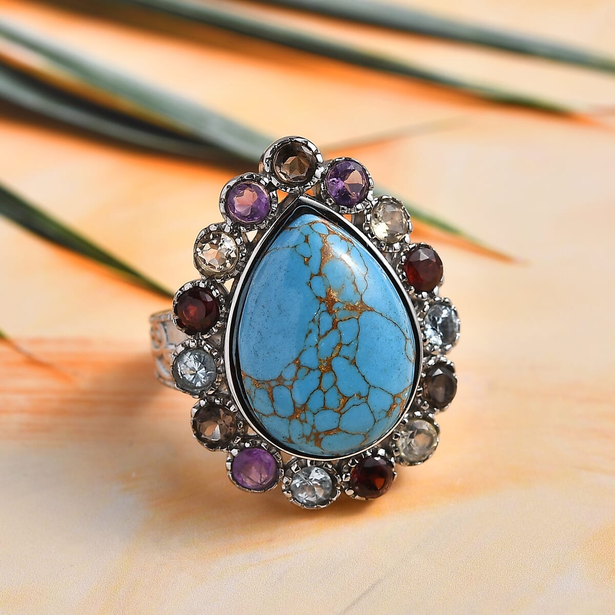 Mojave Blue Turquoise and Multi Gemstones 11.10 ctw Flower Ring in Stainless Steel (Size 8.0) image number 1