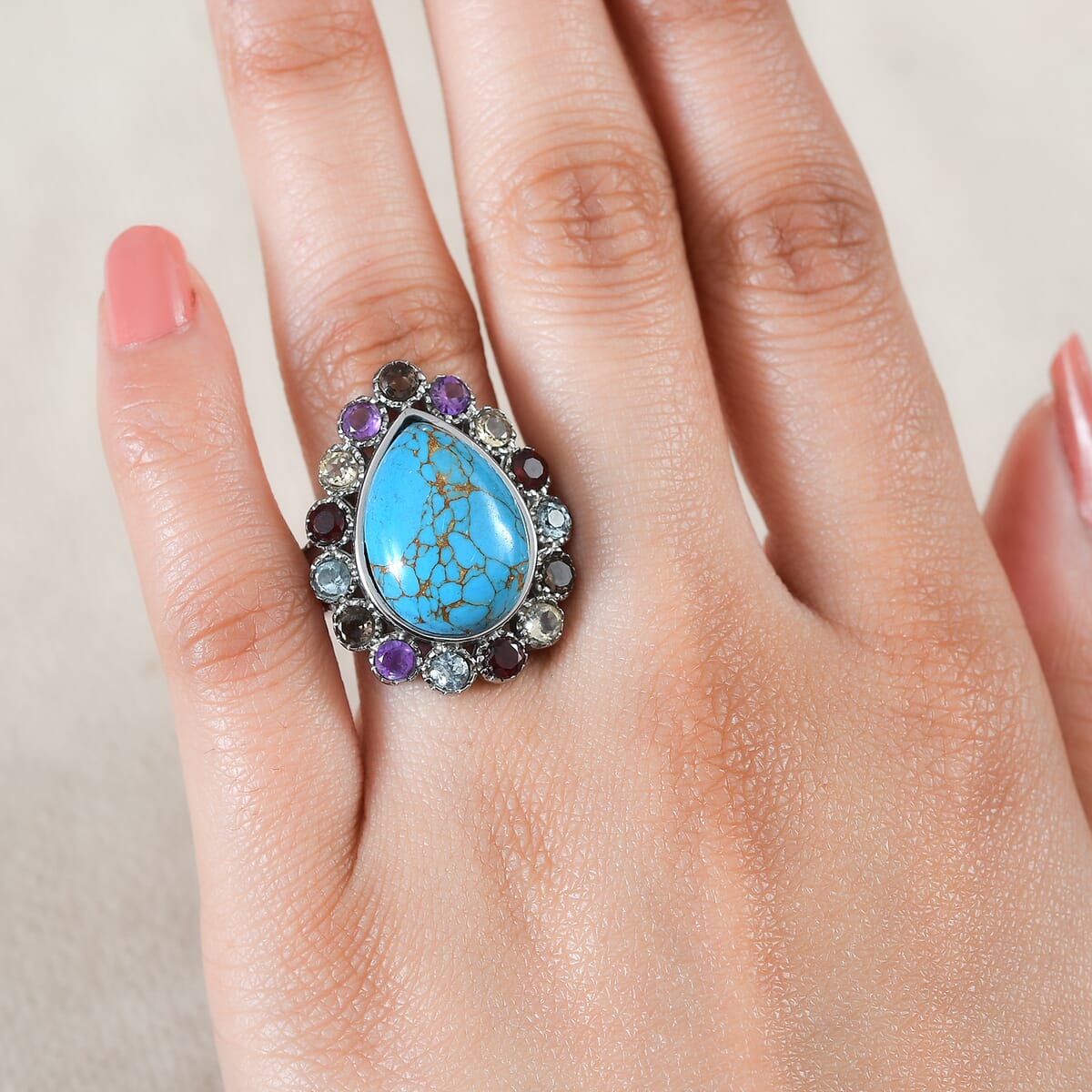 Mojave Blue Turquoise and Multi Gemstones 11.10 ctw Flower Ring in Stainless Steel (Size 8.0) image number 2