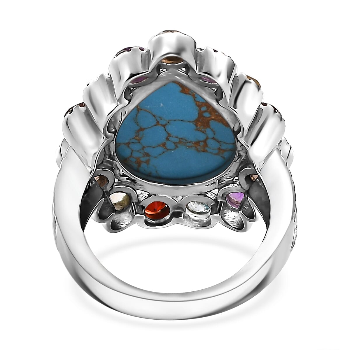 Mojave Blue Turquoise and Multi Gemstones 11.10 ctw Flower Ring in Stainless Steel (Size 8.0) image number 4