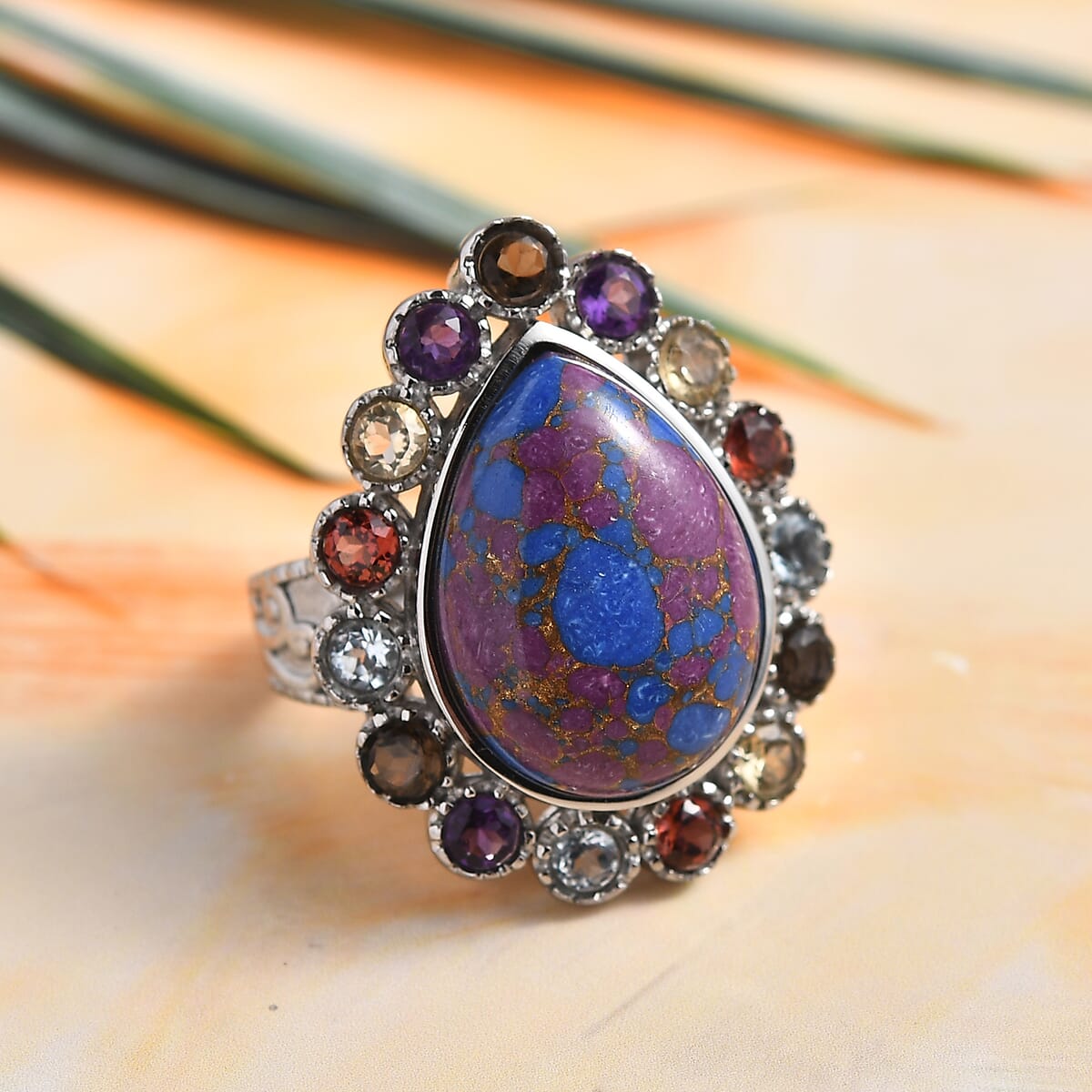 Mojave Purple Turquoise and Multi Gemstones 10.60 ctw Flower Ring in Stainless Steel (Size 5.0) image number 1