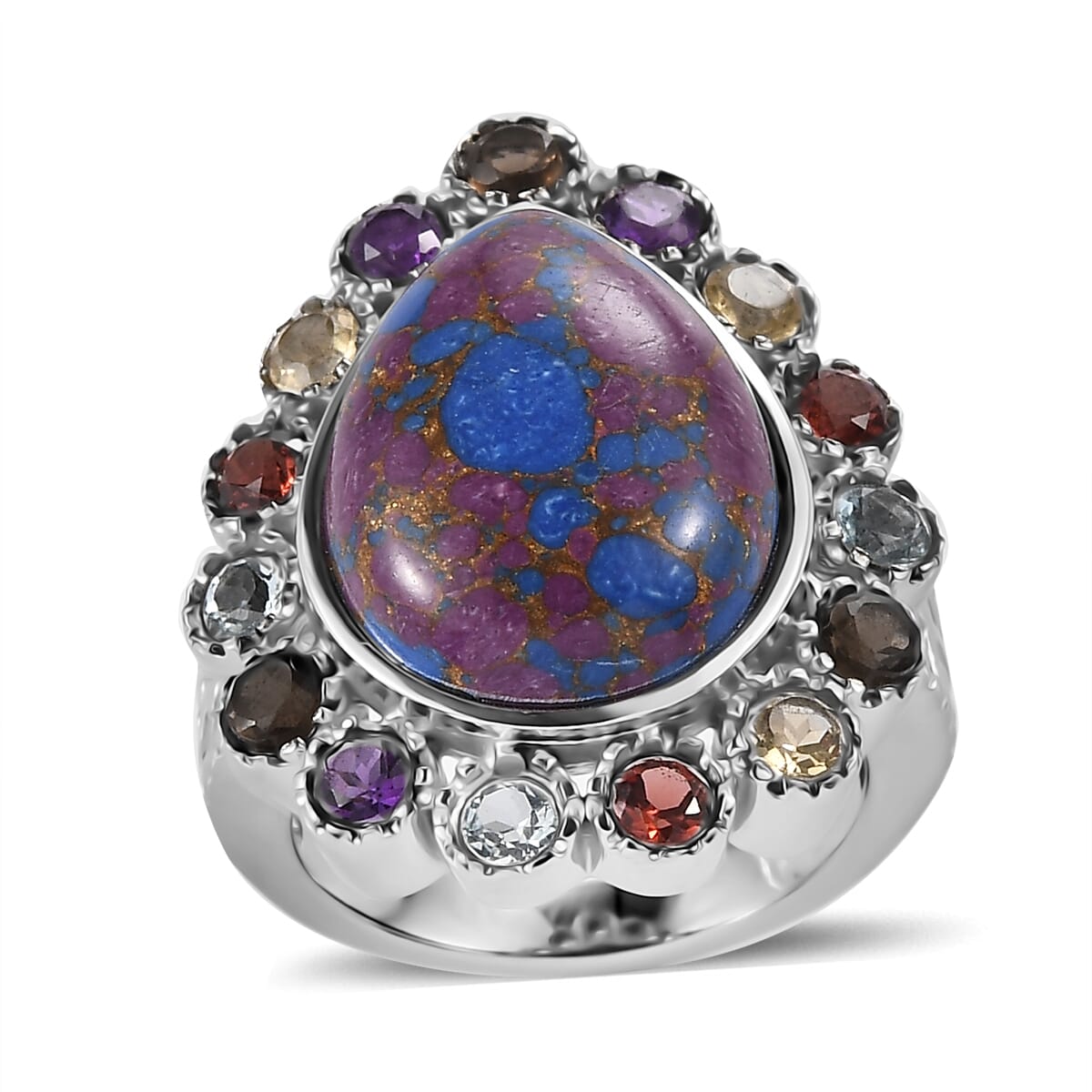 Mojave Purple Turquoise and Multi Gemstones 10.60 ctw Flower Ring in Stainless Steel (Size 6.0) image number 0