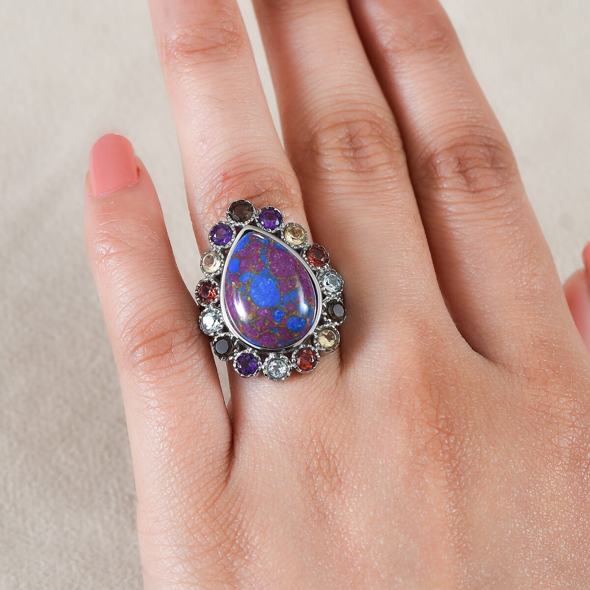 Mojave Purple Turquoise and Multi Gemstones 10.60 ctw Flower Ring in Stainless Steel (Size 6.0) image number 2