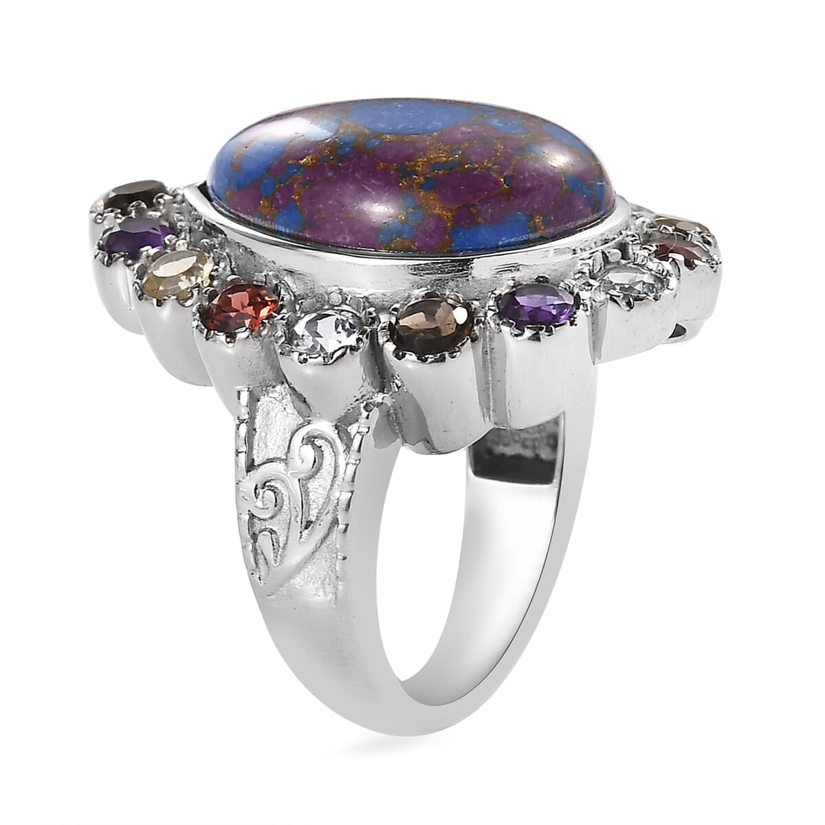 Mojave Purple Turquoise and Multi Gemstones 10.60 ctw Flower Ring in Stainless Steel (Size 6.0) image number 3