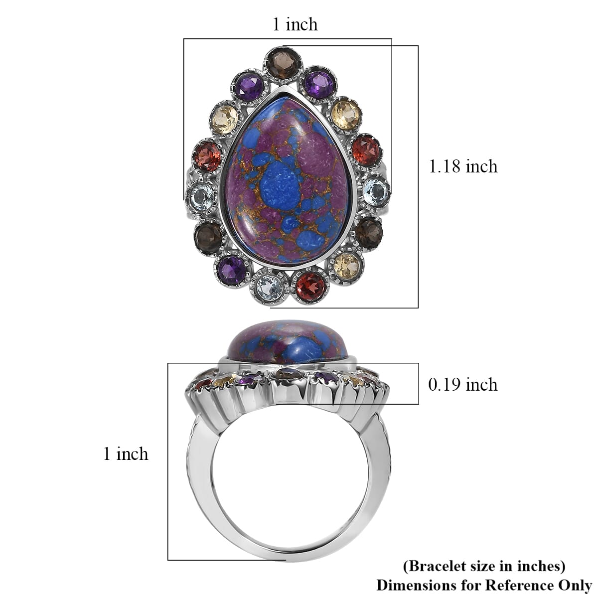 Mojave Purple Turquoise and Multi Gemstones 10.60 ctw Flower Ring in Stainless Steel (Size 6.0) image number 5