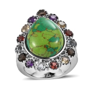 Mojave Green Turquoise and Multi Gemstones 11.00 ctw Flower Ring in Stainless Steel (Size 10.0)