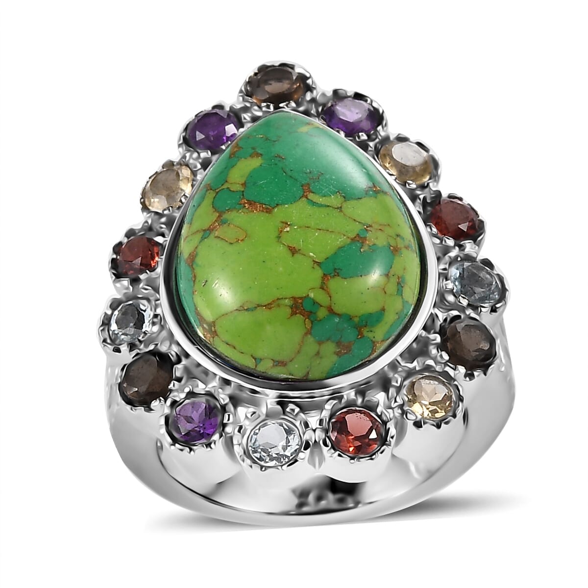 Mojave Green Turquoise and Multi Gemstones 11.00 ctw Flower Ring in Stainless Steel (Size 9.0) image number 0