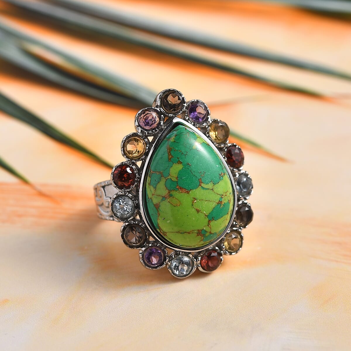 Mojave Green Turquoise and Multi Gemstones 11.00 ctw Flower Ring in Stainless Steel (Size 9.0) image number 1