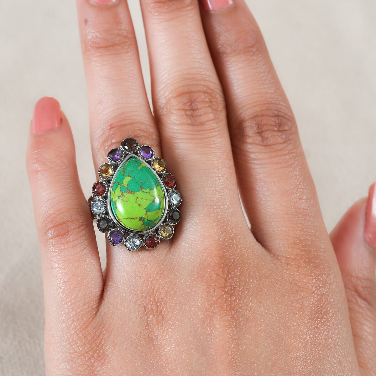 Mojave Green Turquoise and Multi Gemstones 11.00 ctw Flower Ring in Stainless Steel (Size 9.0) image number 2