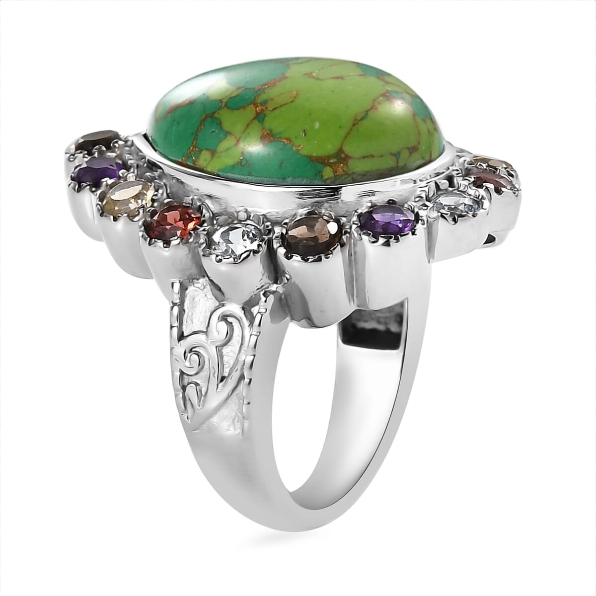 Mojave Green Turquoise and Multi Gemstones 11.00 ctw Flower Ring in Stainless Steel (Size 9.0) image number 3