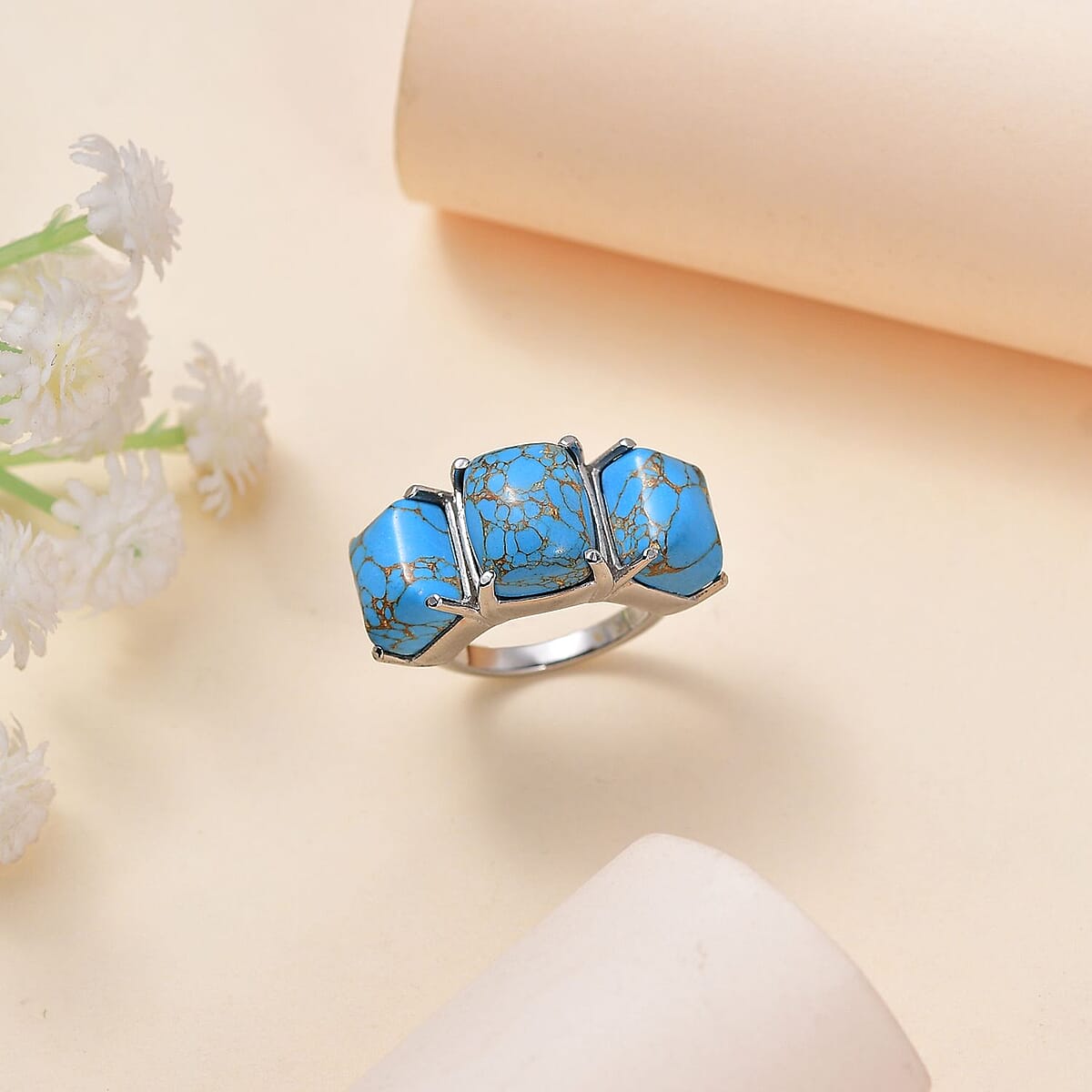 Mojave Blue Turquoise 10.00 ctw 3 Stone Ring in Stainless Steel (Size 5.0) image number 1