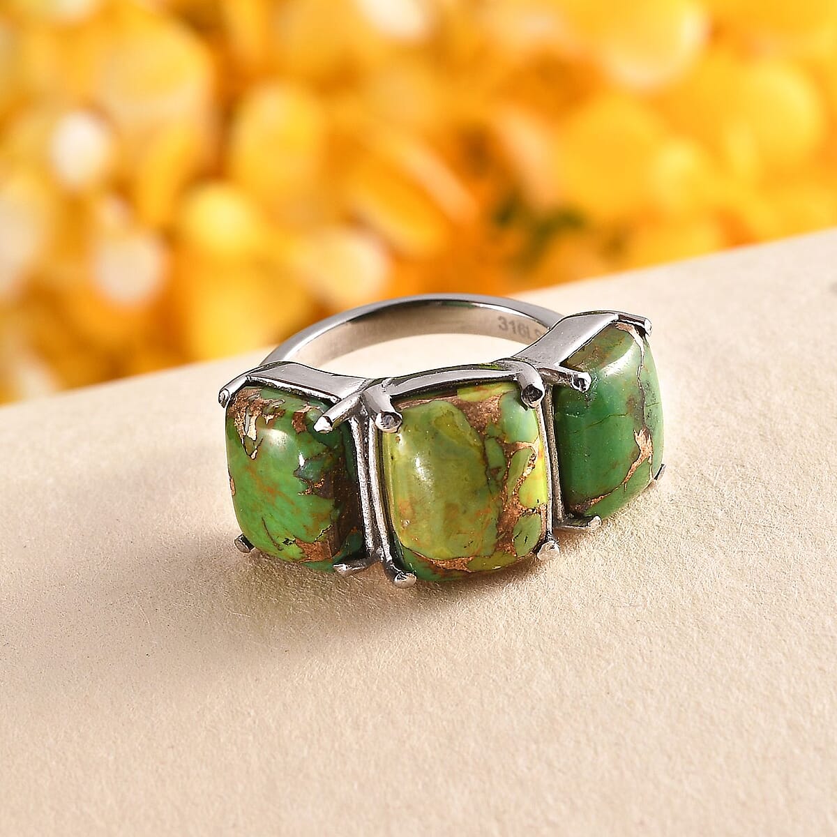 Mojave Green Turquoise 10.20 ctw 3 Stone Ring in Stainless Steel (Size 8.0) image number 1