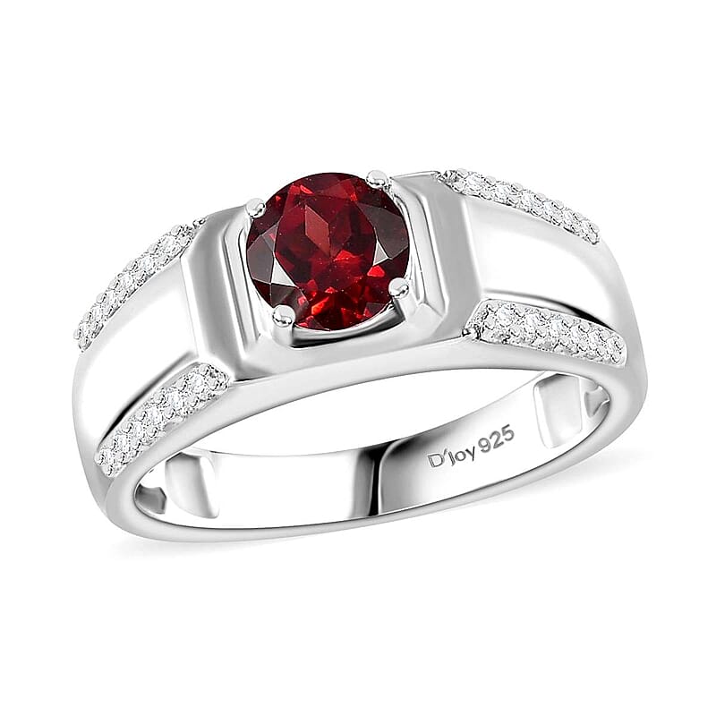 Mozambique Garnet and White Zircon 1.30 ctw Men's Ring in Rhodium Over Sterling Silver (Size 10.0)