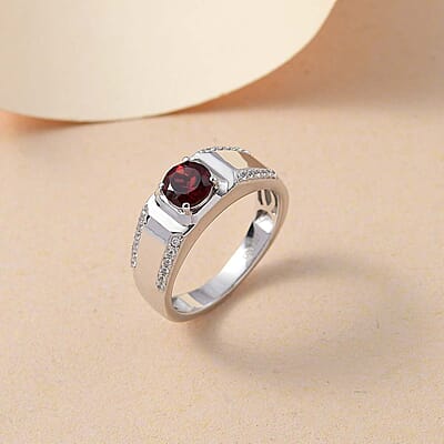Mozambique Garnet and White Zircon 1.30 ctw Men's Ring in Rhodium Over Sterling Silver (Size 10.0)