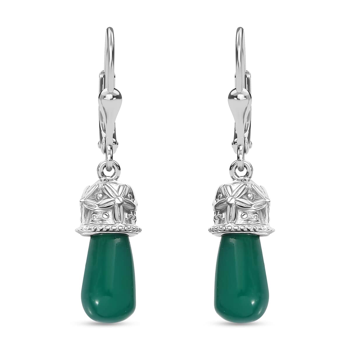 Verde Onyx 6.60 ctw Floral on Cap Earrings in Rhodium Over Sterling Silver image number 0