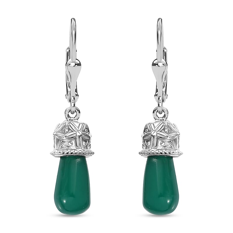 D'Joy Verde Onyx 6.60 ctw Floral on Cap Earrings in Rhodium Over Sterling Silver