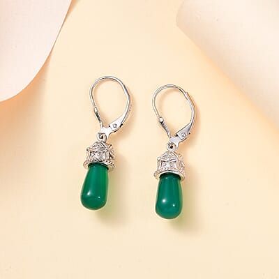 D'Joy Verde Onyx 6.60 ctw Floral on Cap Earrings in Rhodium Over Sterling Silver