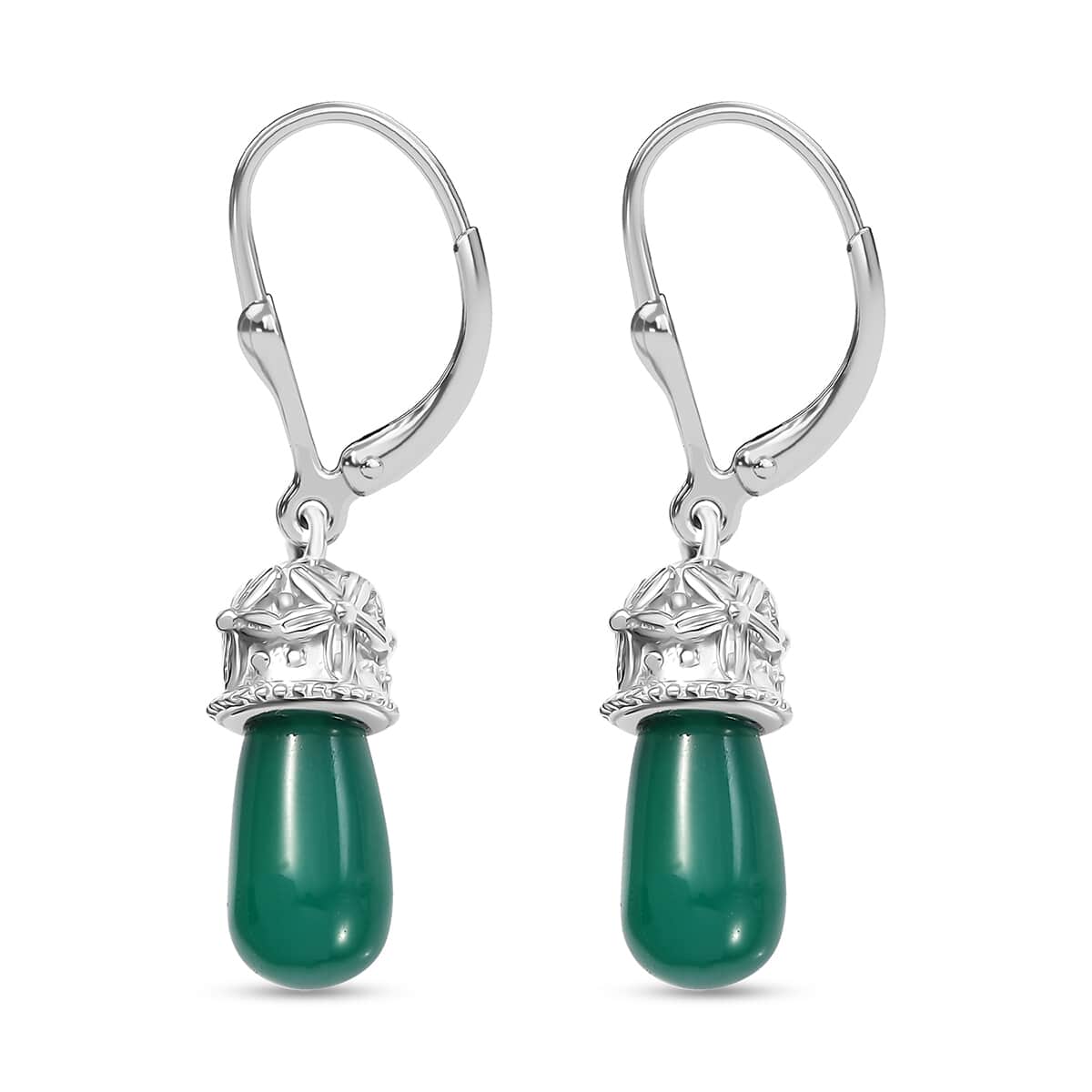 Verde Onyx 6.60 ctw Floral on Cap Earrings in Rhodium Over Sterling Silver image number 3